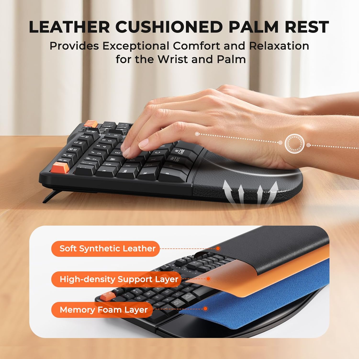 Close-up of the leather cushioned palm rest on the keyboard