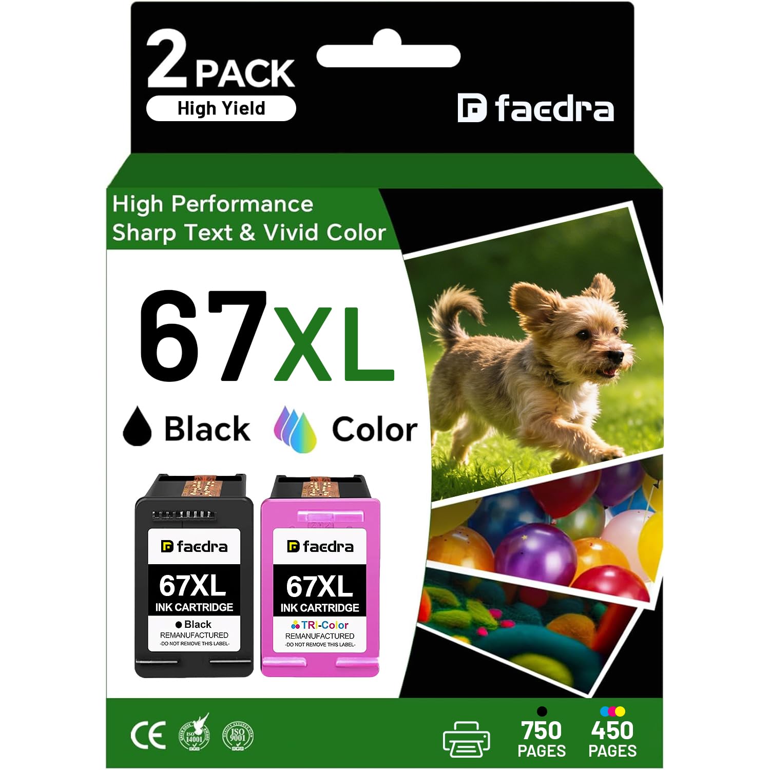 Faedra Remanufactured Ink Cartridges for HP 67XL 67 XL Ink for HP Deskjet 2742e 2842e 2755e 2855e 4255e Work for HP Deskjet 2700 2700e 2734e 2827e 2723e 4155e Envy 6455e 6055e 6000 Ink (1Black 1Color)