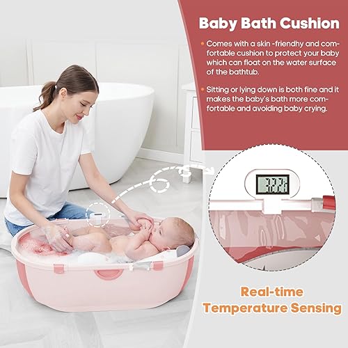 Miniatura 3 de Bañera plegable para bebés y niños pequeños con cojín de baño suave, bañera plegable para bebé con termómetro y salida de drenaje, bañera para bebés