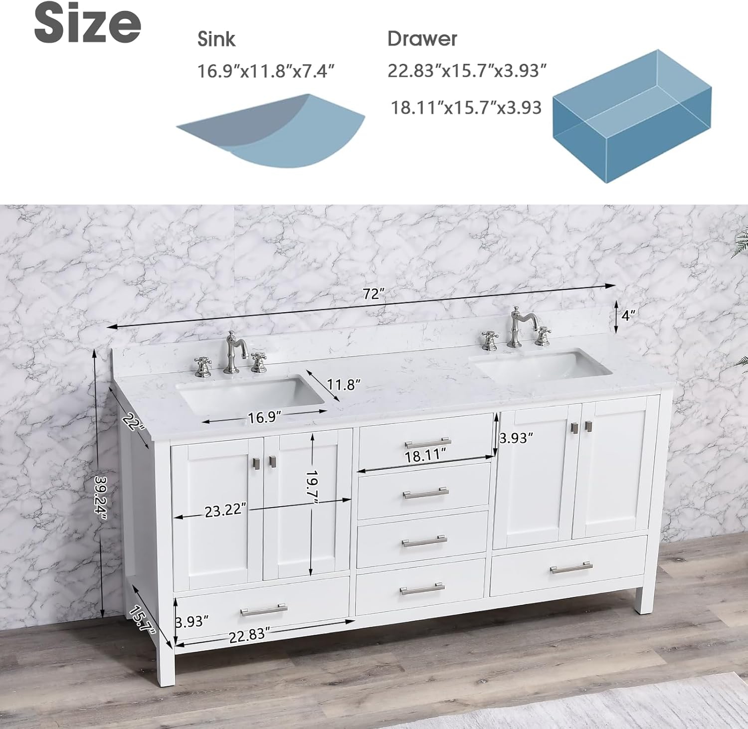 Dornberg 72 in. Bathroom Vanity, Free Standing Bathroom Vanity with Double Sinks, Wood Bath Cabinet with Carrara White Engineered Stone Countertop, 4 Doors & 6 Drawers, Full Assembled, Soft White