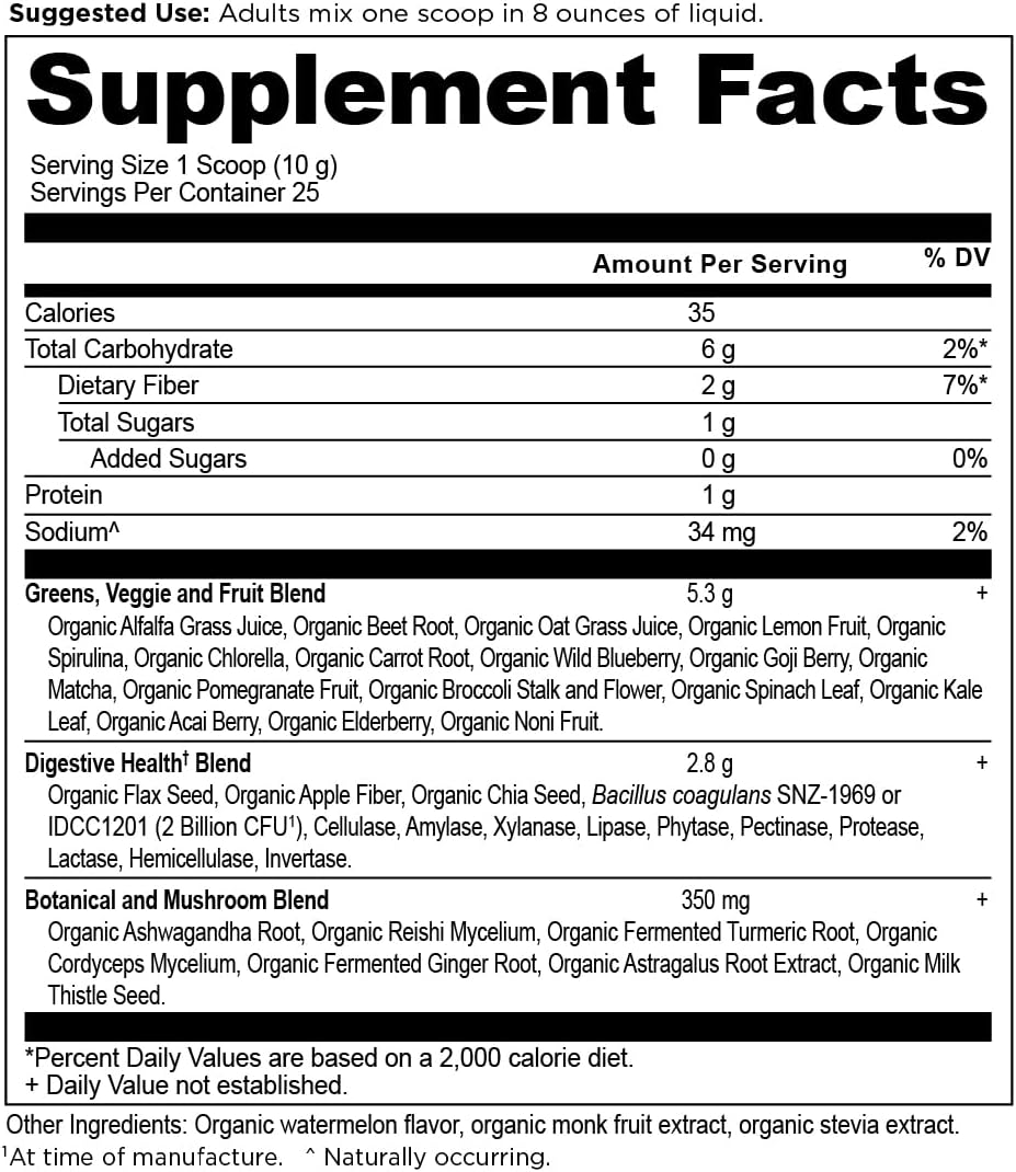 Ancient Nutrition SuperGreens Powder with Probiotics, Organic Watermelon Flavor Greens, Made from Real Fruits, Vegetables and Herbs, for Digestive and Energy Support, 25 Servings, 8.82oz