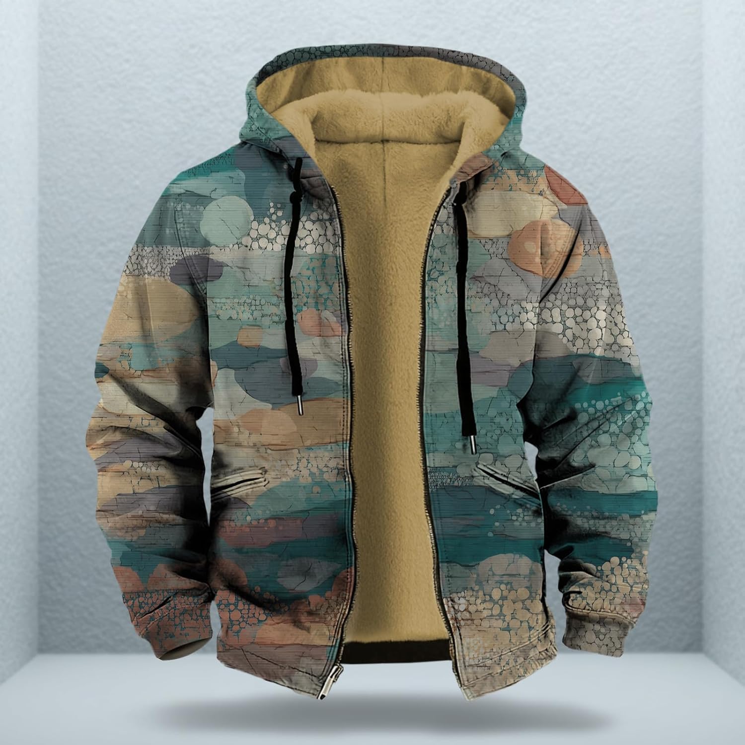 Mens Winter Coats Long Sleeve Sherpa Fleece Lined Full Zipper Retro Ethnic Print Big And Tall Fashion Warm Coat - Image 2