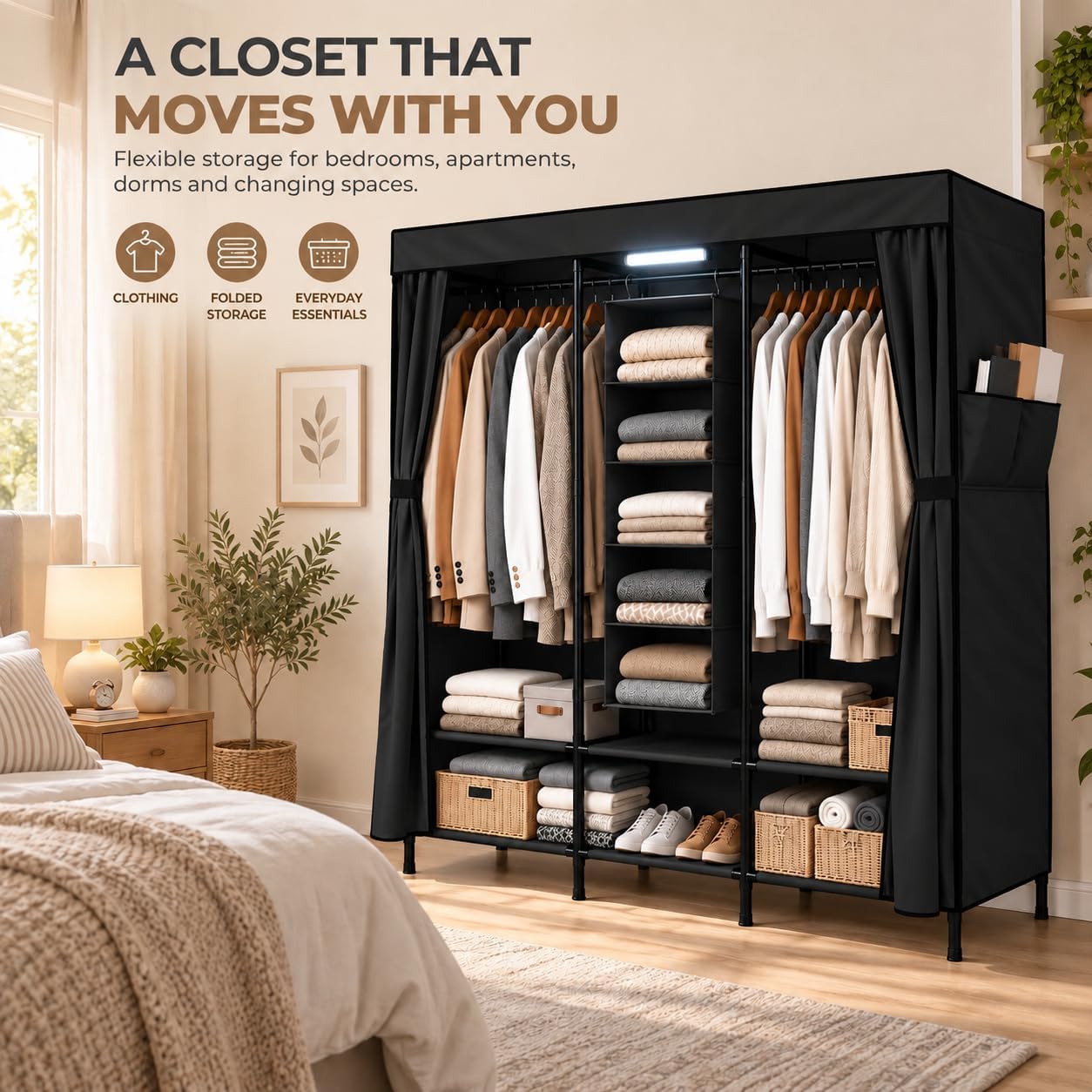 Portable Closet Wardrobe for Bedroom with Clothes Hanging Sections