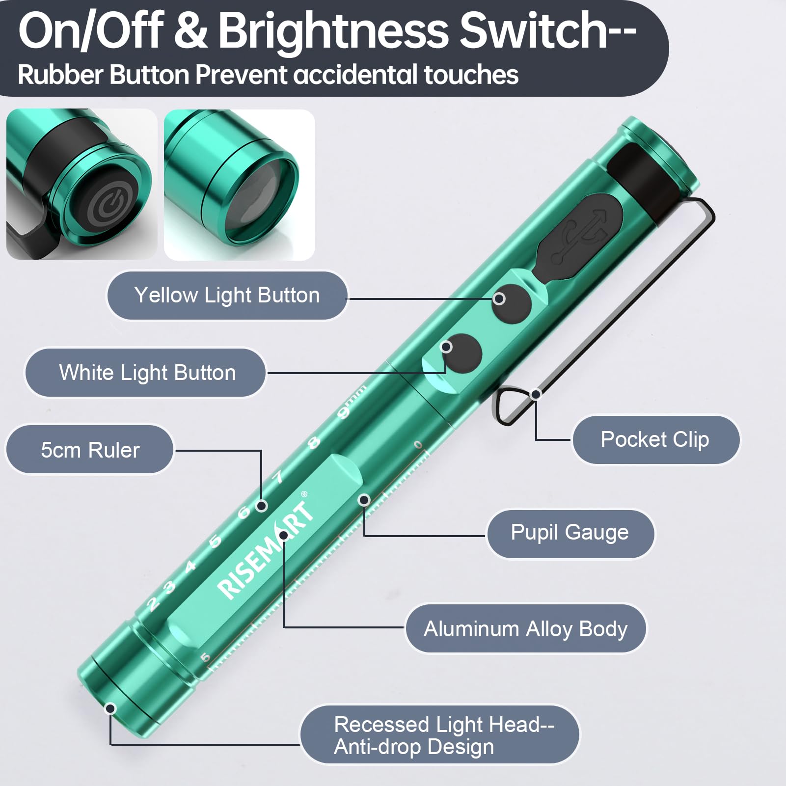 Lampa diagnostyczna, medyczna lampa źrenicy LED, z kablem USB, ciepła / zimna biel i bezstopniowe ściemnianie, przenośna, aluminiowa, medyczna lampa źrenicy z klipsem (Mars Green)