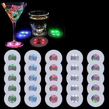 LED Bottle Coaster, 25 Pack Light Up Coasters, Round LED Bottle Lights, Bottle Glorifier, LED Sticker Coaster Discs Light Up for Drinks, Flash Light Up Cup Coaster for Bar Decor, 5 Colors