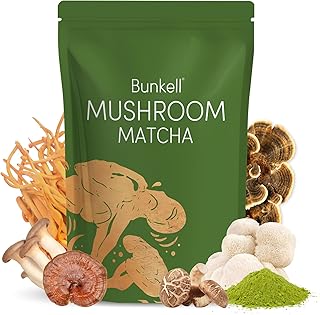 Bunkell Mushroom Matcha, Adaptogenic 6 Mushrooms Mix w/Japanese Matcha, Ceremonial Powder Blend with Lion's Mane, Reishi, Cordyceps & Shiitake for Energy, Focus & Immune Support, 30 Servings 1 Pack