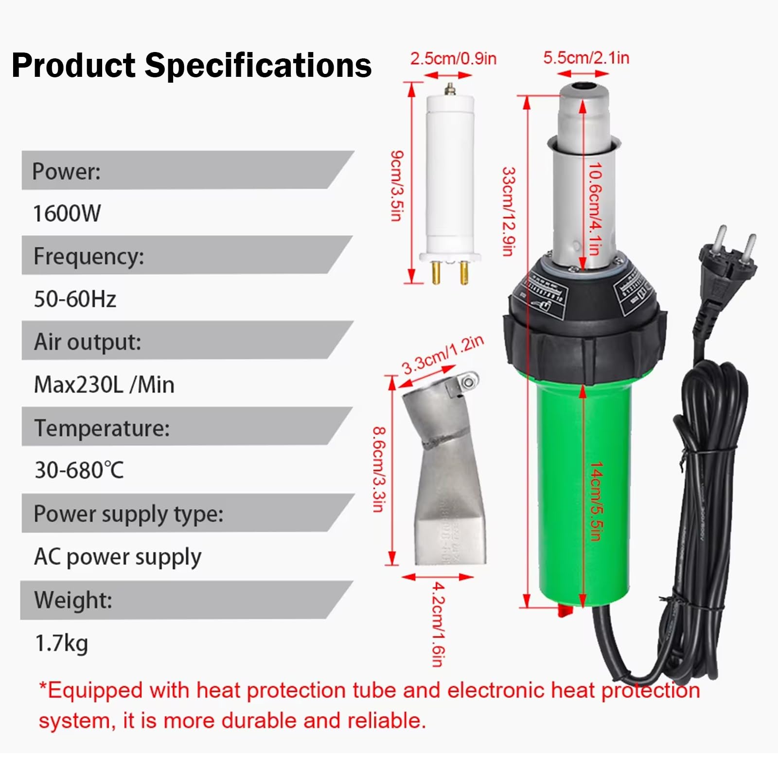 Générique Pistolet à souder Plastique 1600 W, Torche à air Chaud 30-700 °C, 230 l/Min, kit de soudage avec 4 Pointes, Noyau Chauffant, Tige à Rouleau.