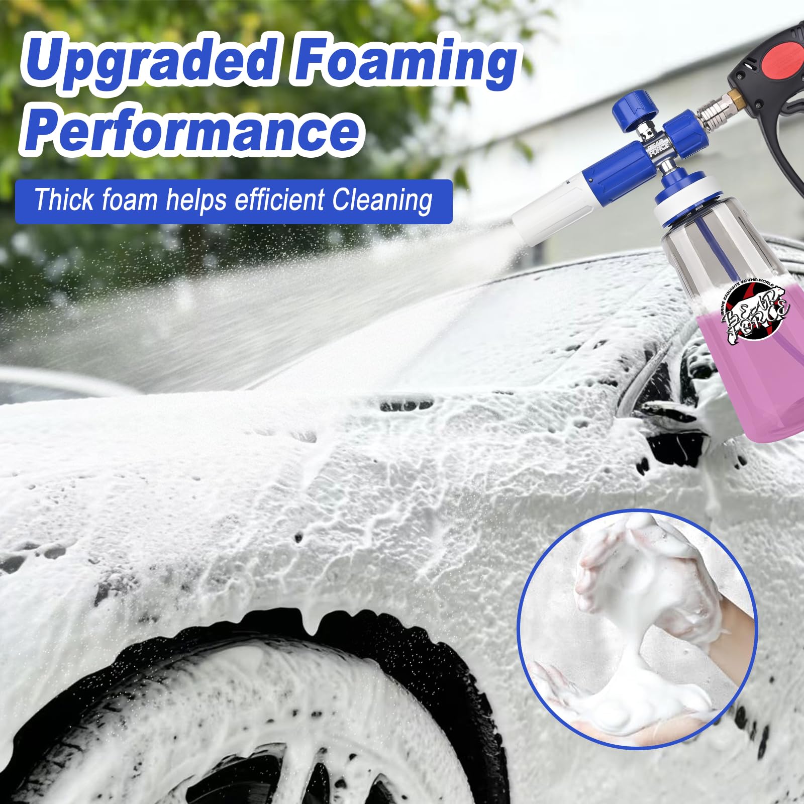 BEAR FORCE Cannone in schiuma aggiornato per idropulitrice da 1/4", connettore rapido con ugello spray regolabile a 360°, dispenser di sapone in schiuma da 1 l, con ugello spray regolabile di nuova