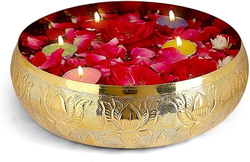 Miniatura 4 de SATVIK - Urli decorativo de latón en relieve de 9.5 pulgadas para velas flotantes, velas de té, flores, cuenco hecho a mano, festivo, indio, para el