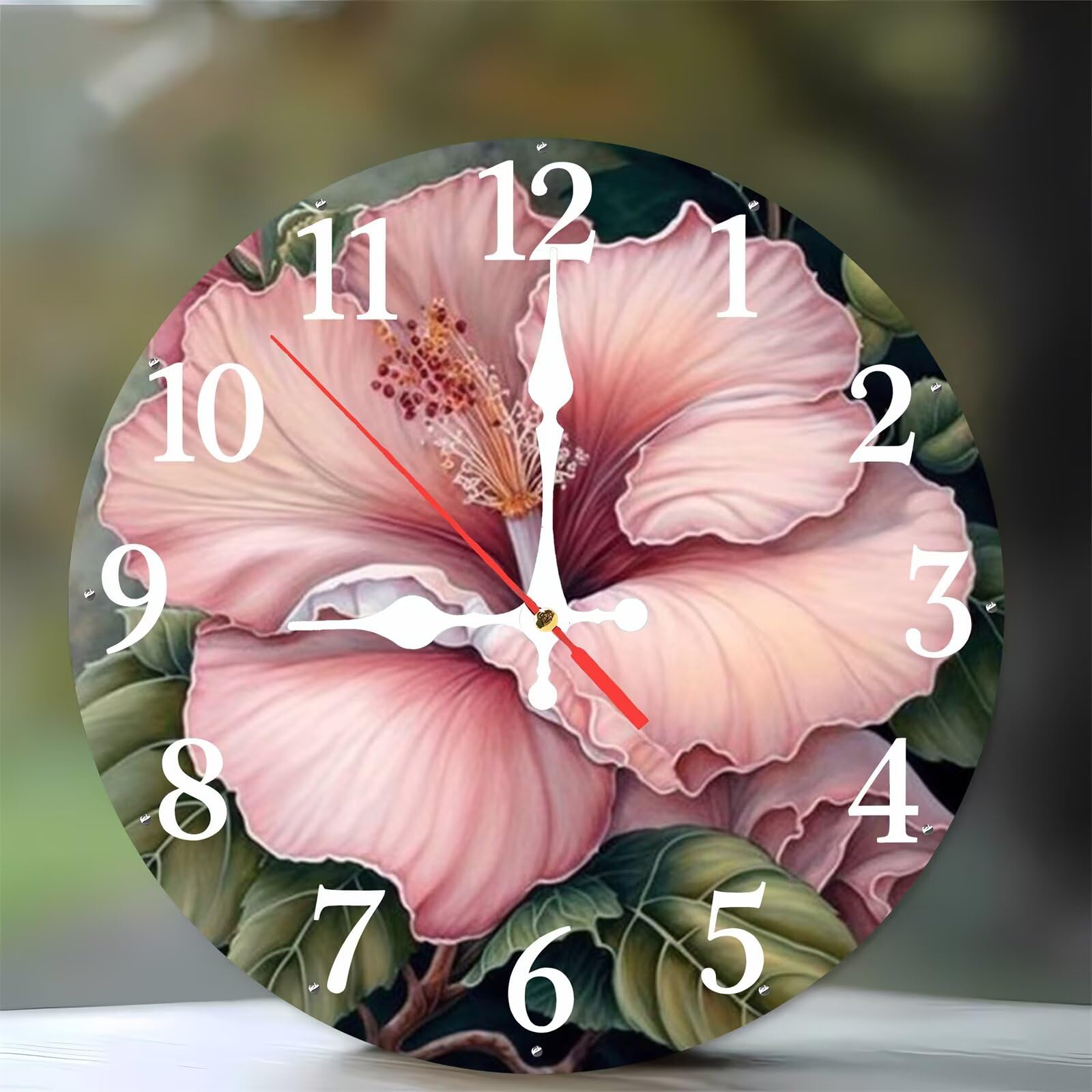 Horloge murale silencieuse sans tic-tac 35cm en bois déco plantes roses cuisine