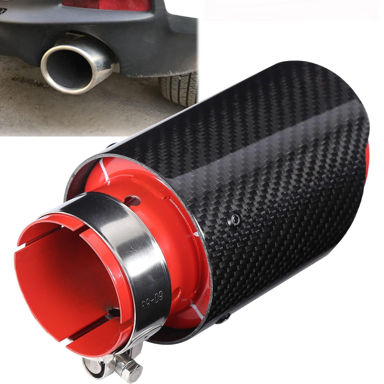 Gorge Arrière de Voiture 163mm/6,4 po, Embout D'échappement Universel en Fibre de Carbone Rouge Brillant Droit Entrée 63mm/2,5 po Sortie Simple 89mm/3,5po Embout Tube D'échappement Droit