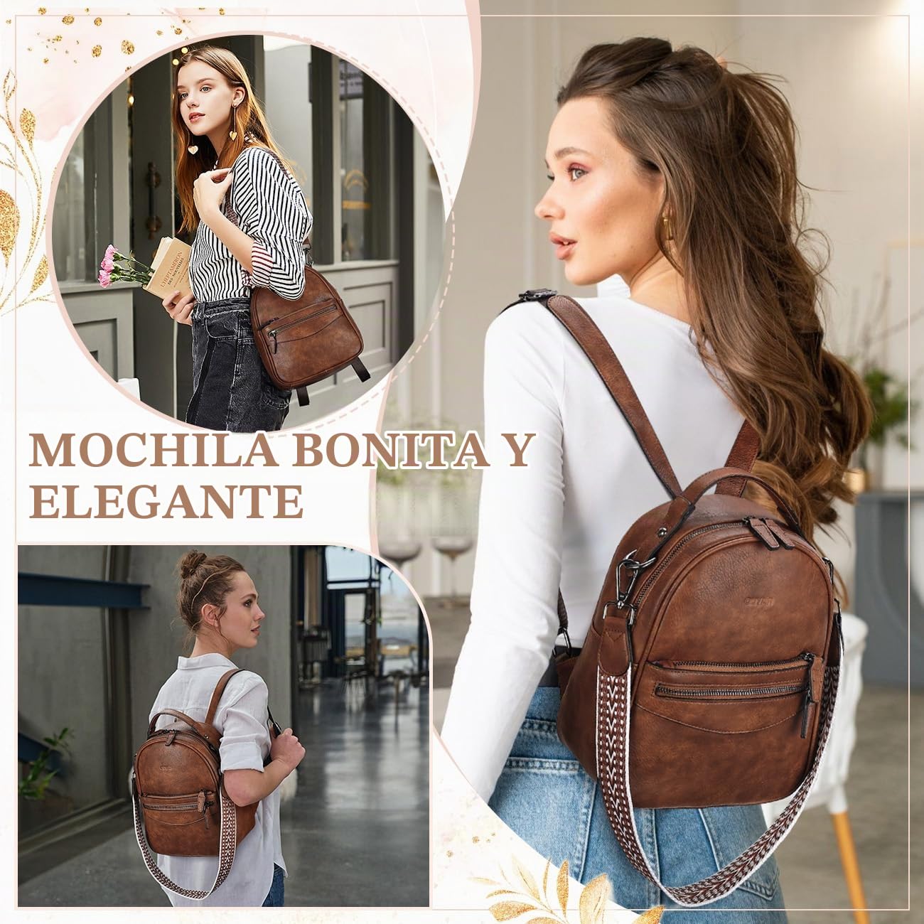 RAVUO Mochila Pequeña Mujer, Bolso Mochila de Cuero Pu Mini Mochila Casual Bolso de Bandolera Piel para Viaje Escolar