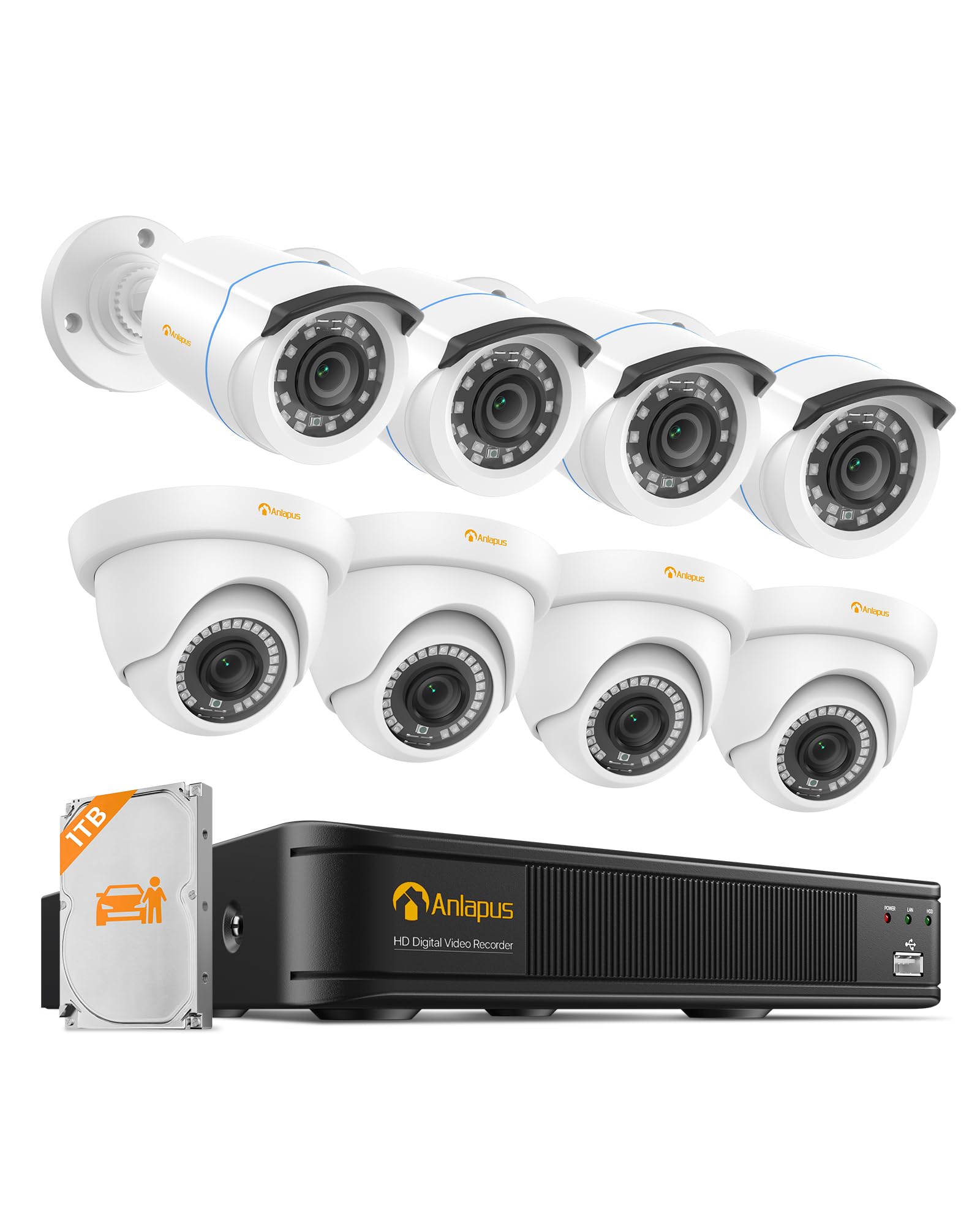 Anlapus 8CH 1080P Überwachungskamera Set 1TB HDD, 4 Bullet + 4 Dome Kameras | Kabelgebunden CCTV DVR System, KI Personen- und Fahrzeugerkennung, 24m IR-Nachtsicht, IP66 Wetterfest, H.265+