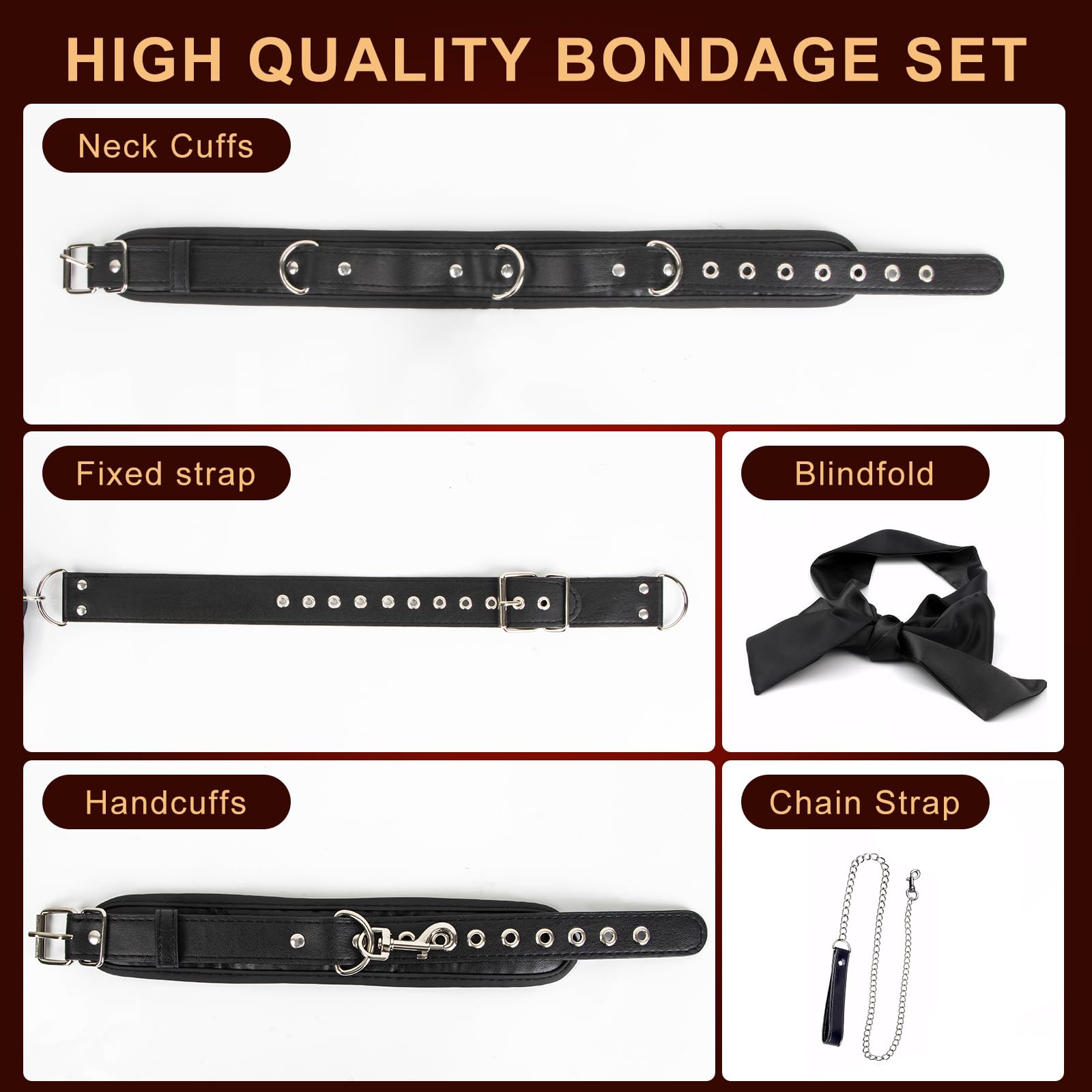 BDSM Pelle Sexytoysys Coppia Ninonly Manette e Collare Staccabili, Giocattolo Sessuale con Benda per Donne e Coppie (Nero)