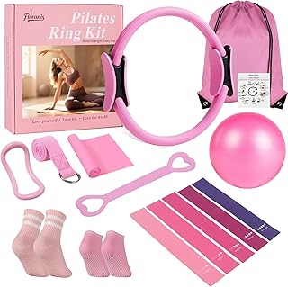 Home Pilates Essentials Kit para mujer, equipo de anillo rosa y pilates de bola, círculo mágico con 5 bandas de resistencia, kits de accesorios de primera calidad para entrenamientos de