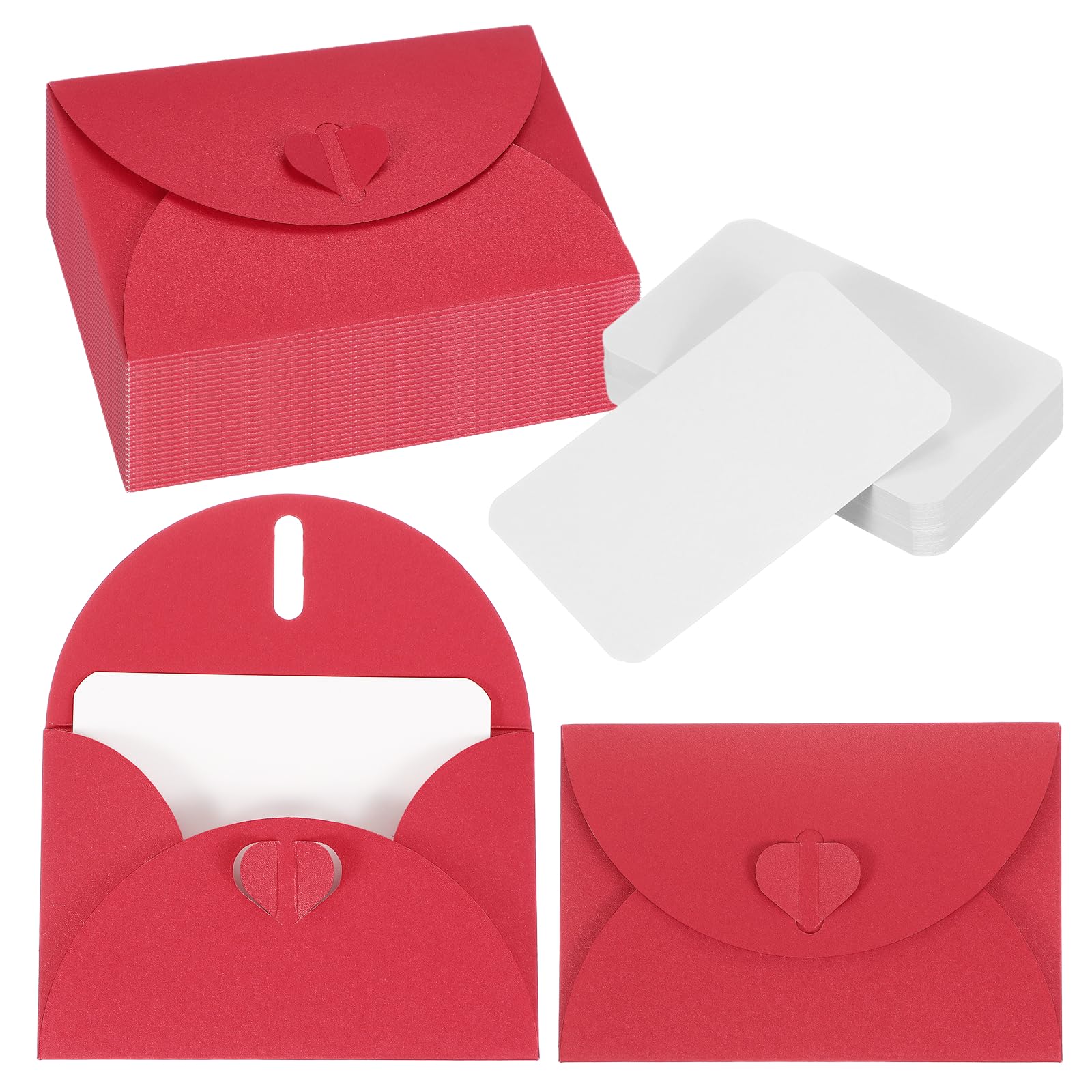 PATIKIL 50 Set Mini Envelopes with Heart Clasp, 4.1x3 Blank Note Cards with Envelopes for Gift Wedding Invitation Graduation Holiday Thanksgiving Day Christmas, Red