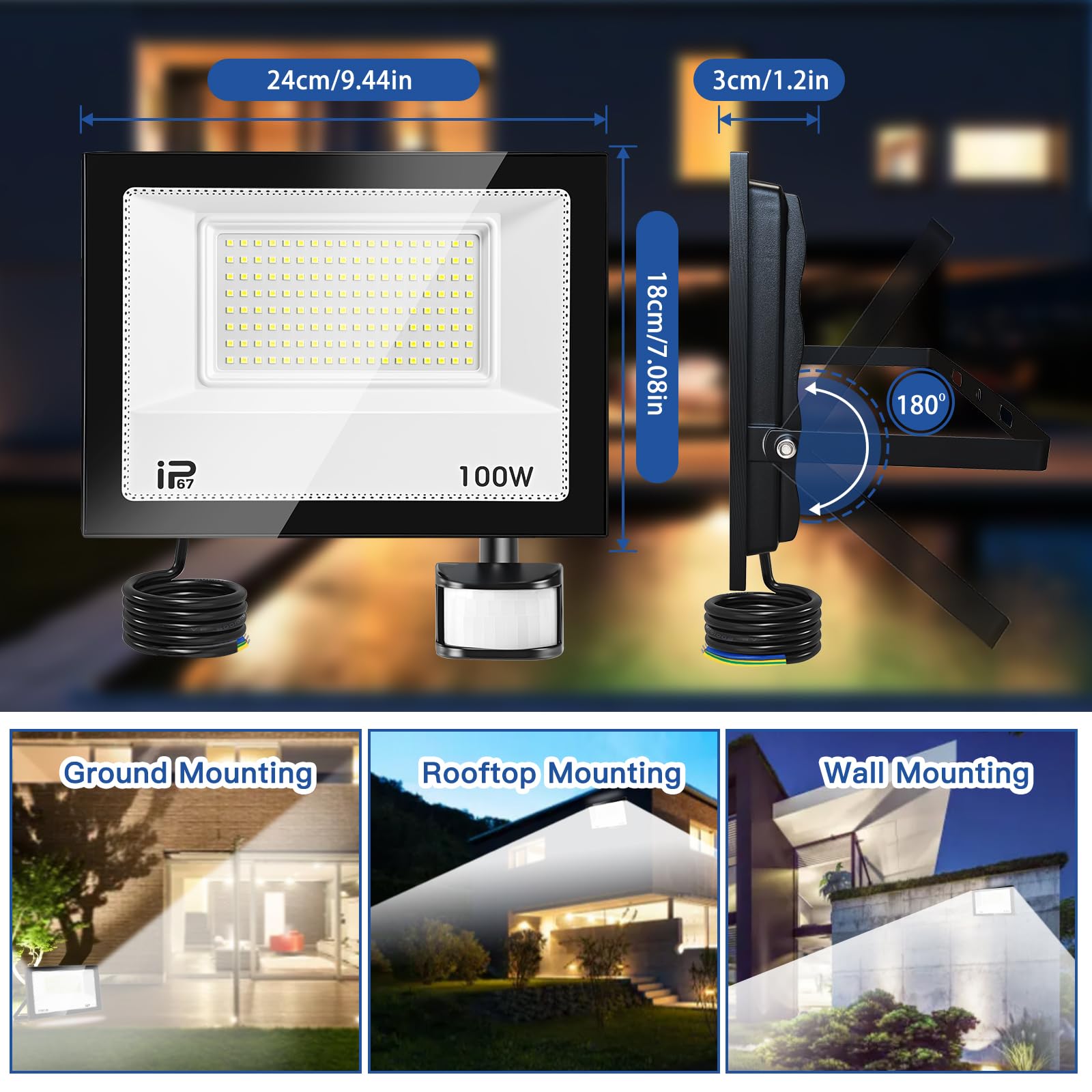 Projecteur Led Exterieur Detecteur de Mouvement et Télécommande 100W, 10000LM 7000K Spot LED Extérieur,Réglables 10 luminosité Eclairage Exterieur Blanc Froid Étanche IP67 pour Garage Jardin-Noir