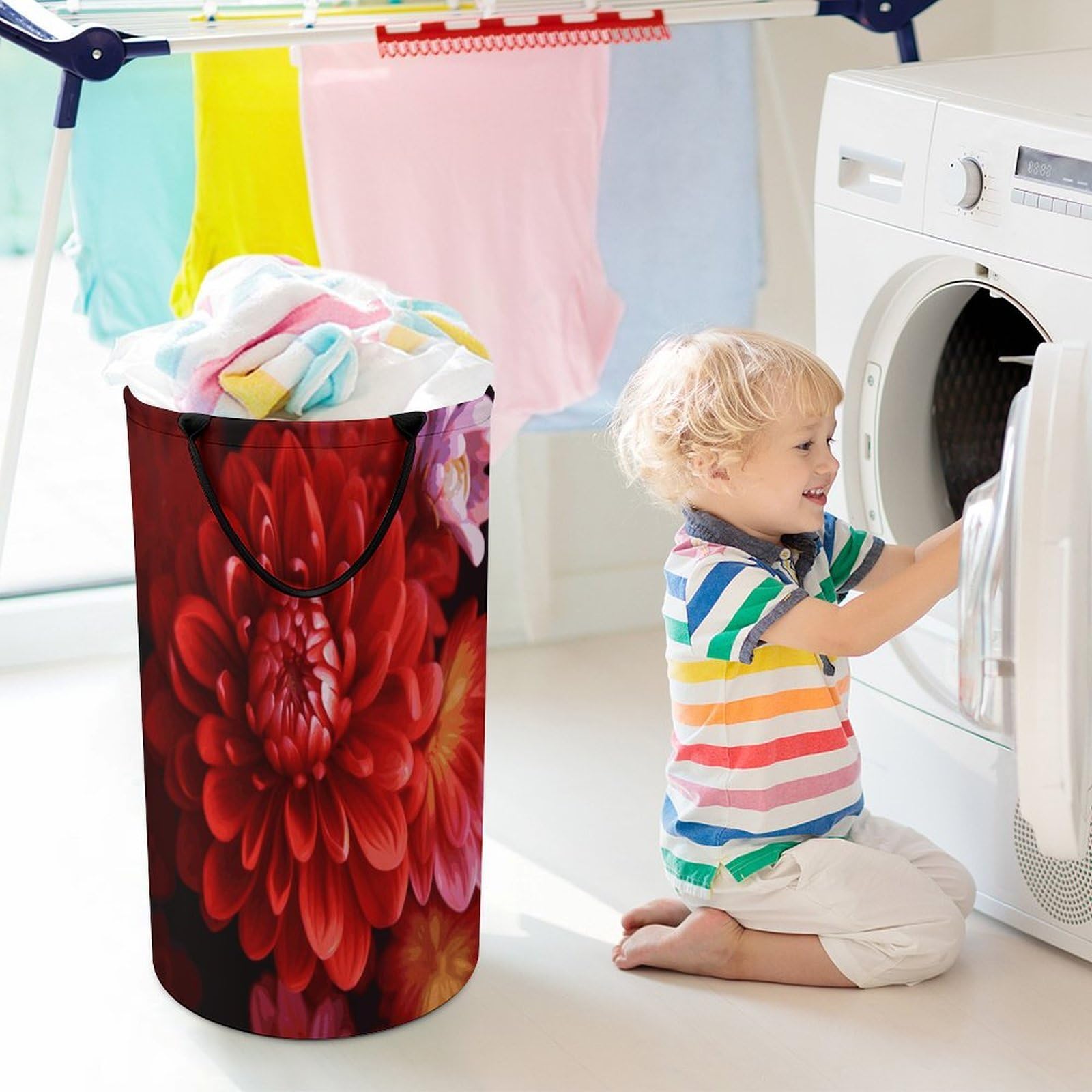 Cesta de ropa sucia de flores rojas, bolsa grande para ropa sucia. Cesta de almacenamiento para asas de fácil transporte. Cesta grande para ropa con asas, cubo de almacenamiento de ropa, organizador