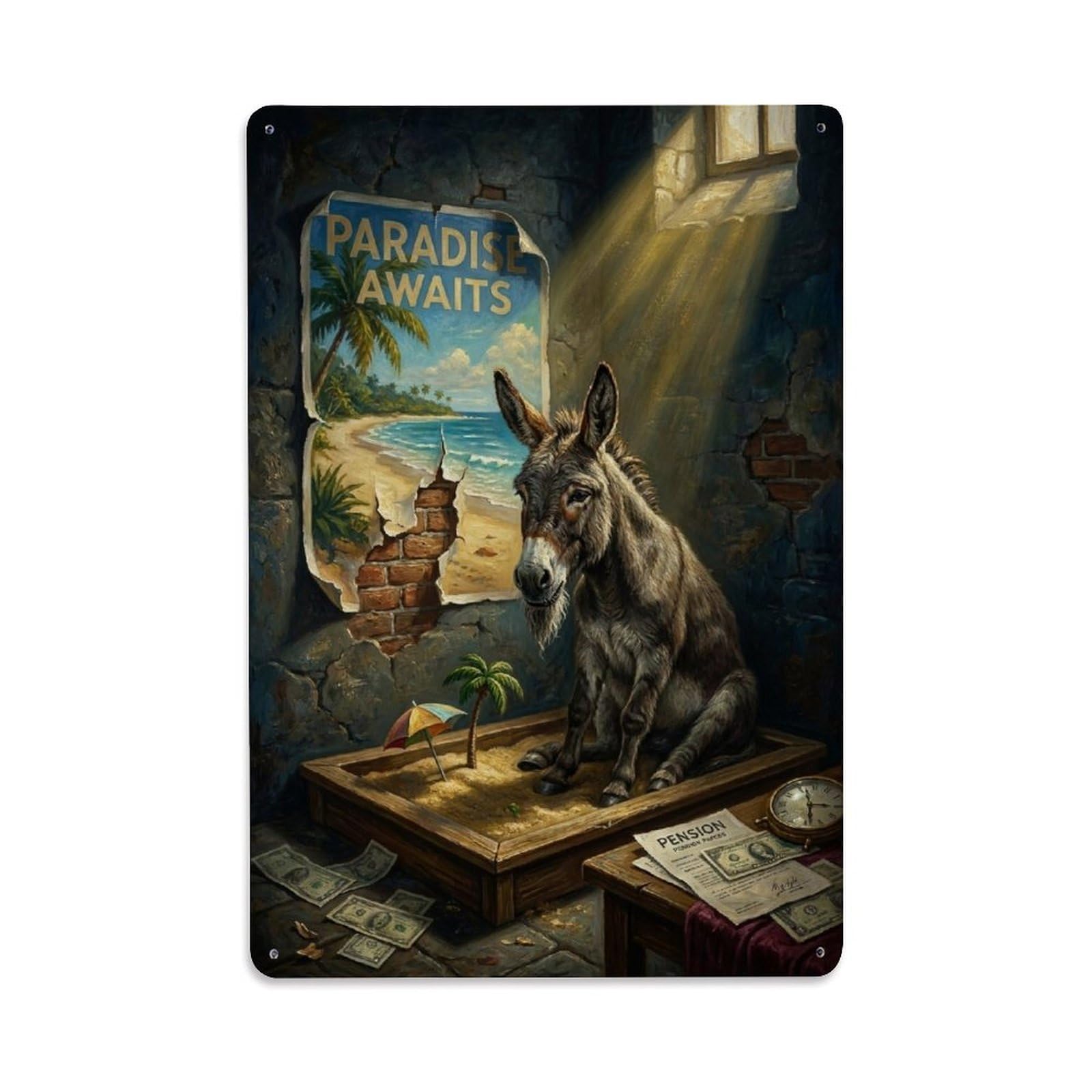 Donkey Retirement Paradise Satire Surreal Vintage Animal Metal Tin Sign Plaque Wall Decor for Cafe, Man Cave, Club Bar, Office, Home Garden Round Metal Poster 8x12Inch