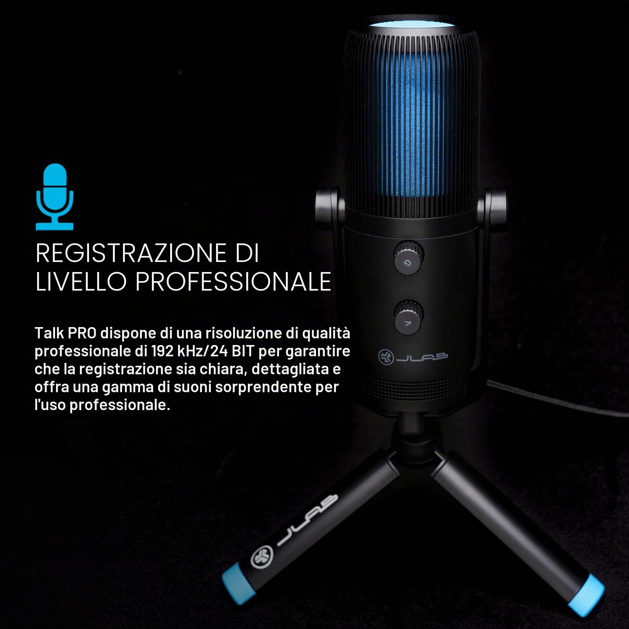 JLab Audio Talk PRO Microfono USB Plug and Play, Microfono per PC Portatile con Controllo Volume e Quick Mute - Microfono a Condensatore Professionale per Streaming, Podcasting e Gaming