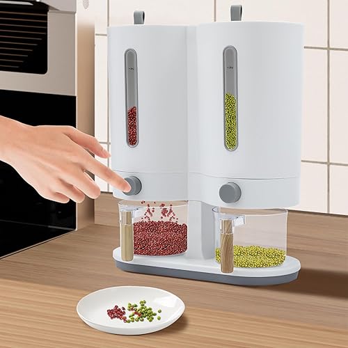 Miniatura 3 de DYNAMI Dispensador de cereales 2 en 1, dispensador de alimentos secos de doble control con tazas de arroz, dispensadores de alimentos de cereales de