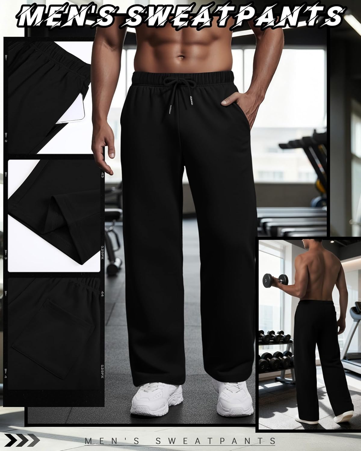 3 Pack Men's Lightweight Lounge Pants Straight Leg Open Bottom Thin Baggy Drawstring Sweatpant with 3 Pockets - Image 2