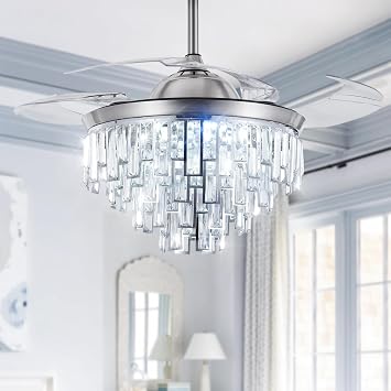 42" Crystal Chandelier Fan with Light Remote Control, Gorgeous Silver Retractable Ceiling Fan 3 Colors LED Light 3 Speeds Modern Smart Fandelier for Living Dinning Room