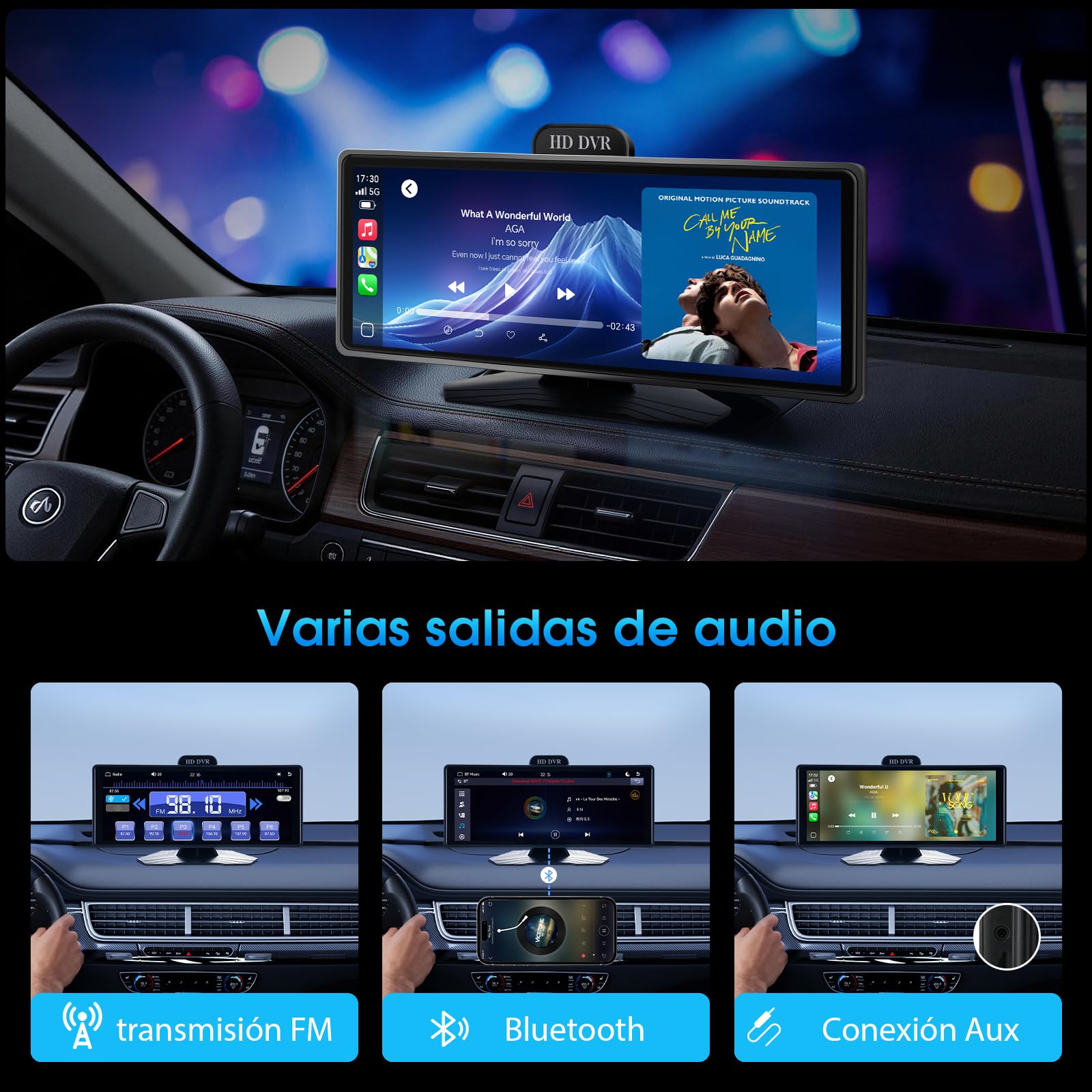Haudio Pantalla CarPlay 10.26 Pulgadas Inalámbrica para Apple CarPlay y Android Auto, Estéreo Portátil con 2K DVR & 1080P Trasera Cámaras, Control Voz, Radio AUX/FM y TF 64G para Todos los Coches