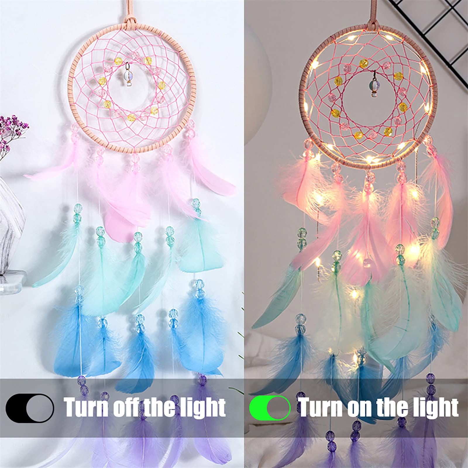 Amorlla dromenvanger met ledverlichting, handgemaakte dreamcatcher met veren, meiden kamer slaapkamer romantische decoratie, voor wandbehang wooncultuur ornamenten handwerk (wit) #04-wit