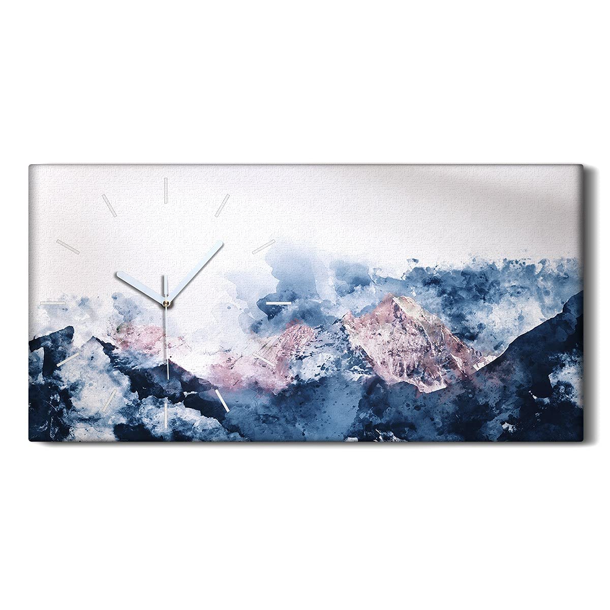 Horloge sur toile montagnes aquarelles 60x30cm pour décoration salon et chambre