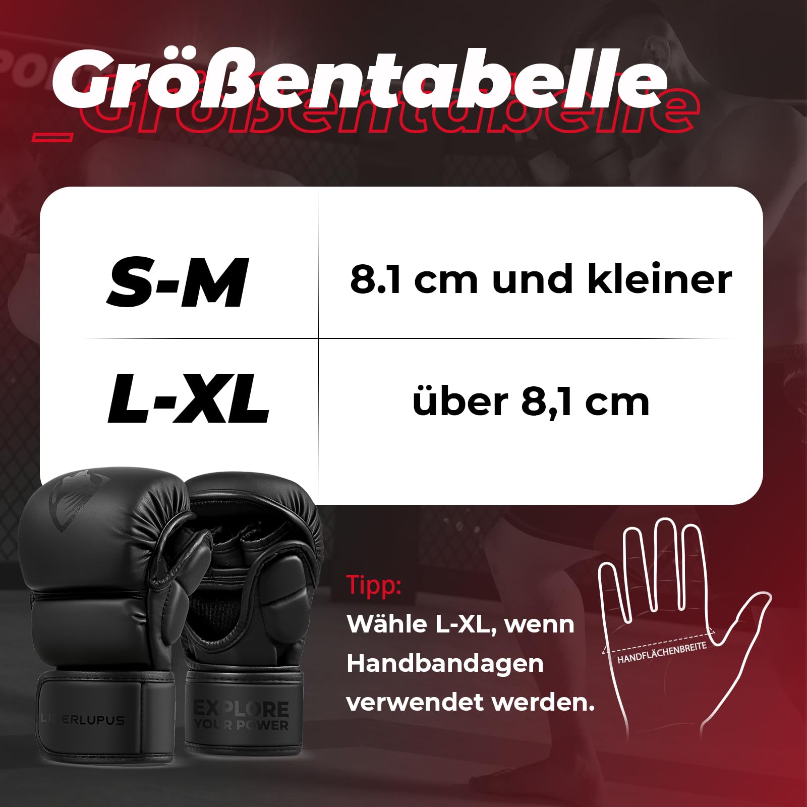 LIBERLUPUS MMA Handschuhe Sparring– Offene Handfläche für Sandsackhandschuhe, Kickboxen, Boxsack Training – Strapazierfähiges Kunstleder mit Handgelenkstütze