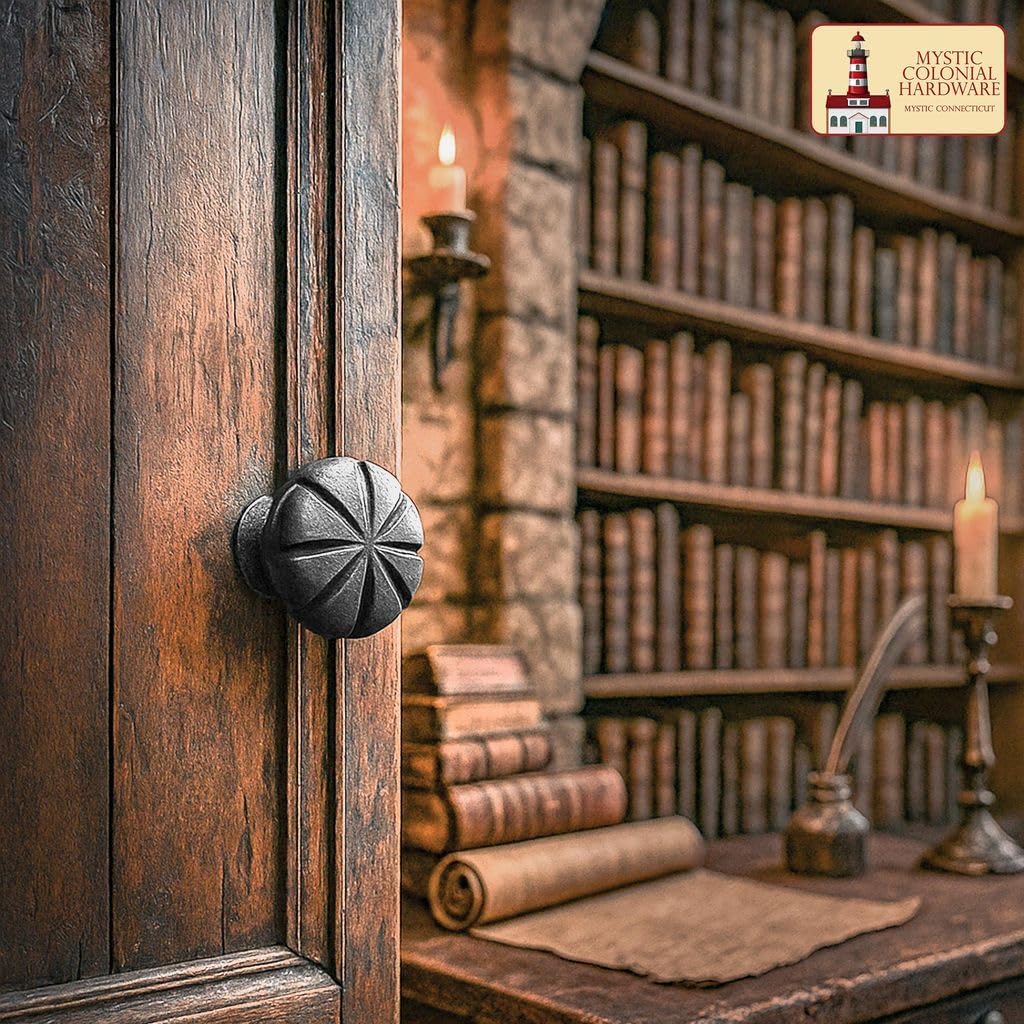 Mystic Colonial Medieval Cast Iron Cabinet Knobs – Set of 4 Rustic Black Drawer Pulls | 4 cm Vintage Furniture Handles for Cabinets, Dressers, Closets & Tables | Antique Medieval Design