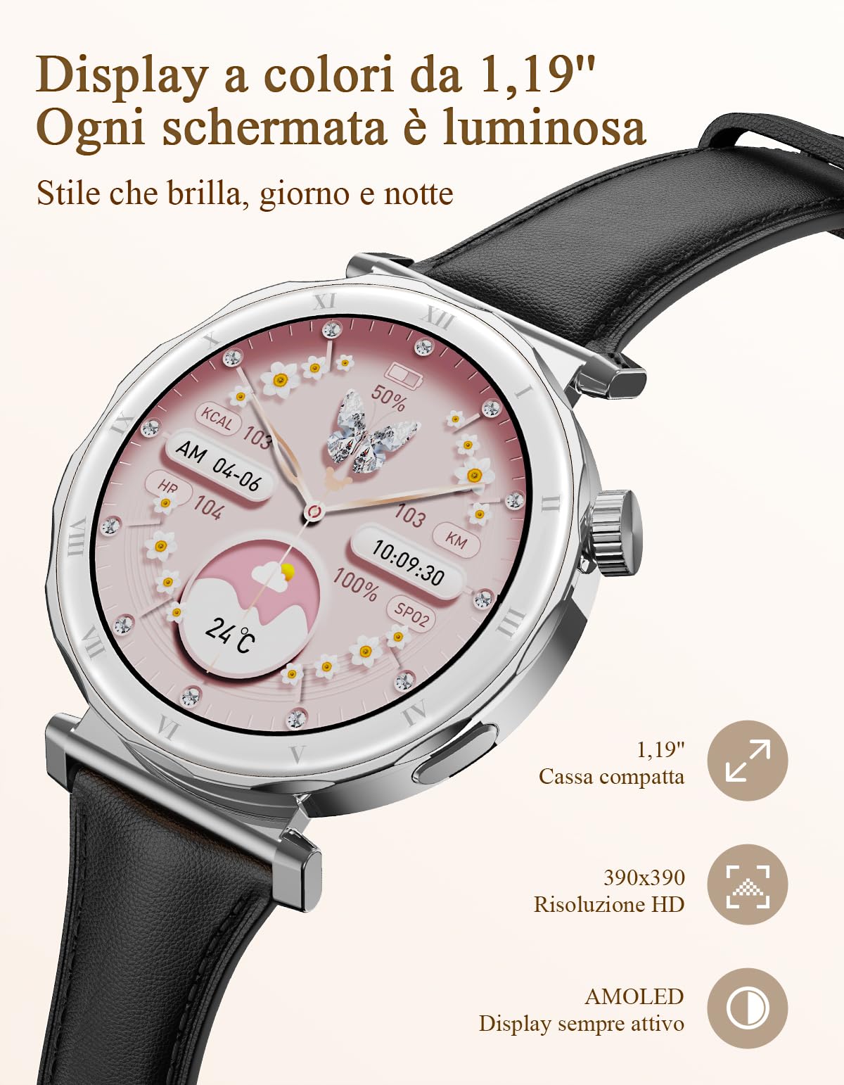 Smartwatch Donna - Elegante in Piccolo con Display AMOLED 1,19" Cinturino in Pelle Sottile, Orologio Fitness con Contapassi, Cardiofrequenzimetro/SpO2/Sonno per iOS/Android, Argento/Nero