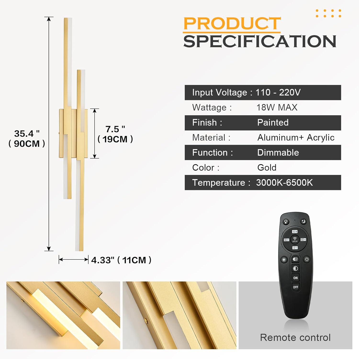 Benkut Modern LED Wall Sconce Gold Remote Wall Light Fixtures for Bathroom, Dimmable Vanity Light Indoor LED Remote Wall Sconce for Living Dining Room Bedside Bedroom (3000-6500K 35.4inch)