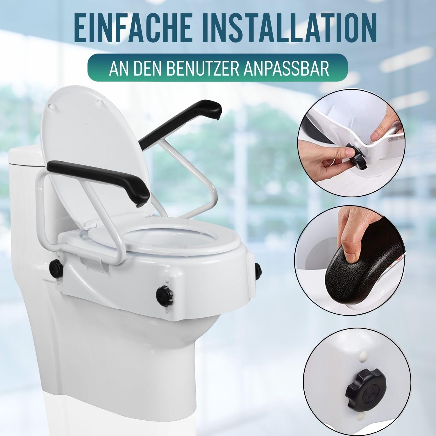 OrtoPrime Toillettensitzerhöhung mit Armlehnen - Höhenverstellbar 5, 10 und 15 cm - WC Sitz Erhöhung mit Absenkbarer Abdeckung - Toillettenaufsatz für Senioren - Sitzhilfe WC