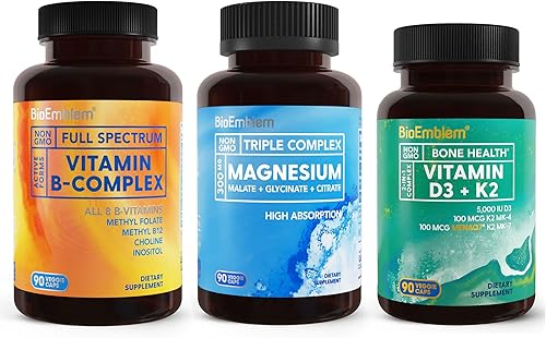 BioEmblem Complejo triple de magnesio para adultos y vitamina D3 K2 y complejo de vitamina B - 270 unidades