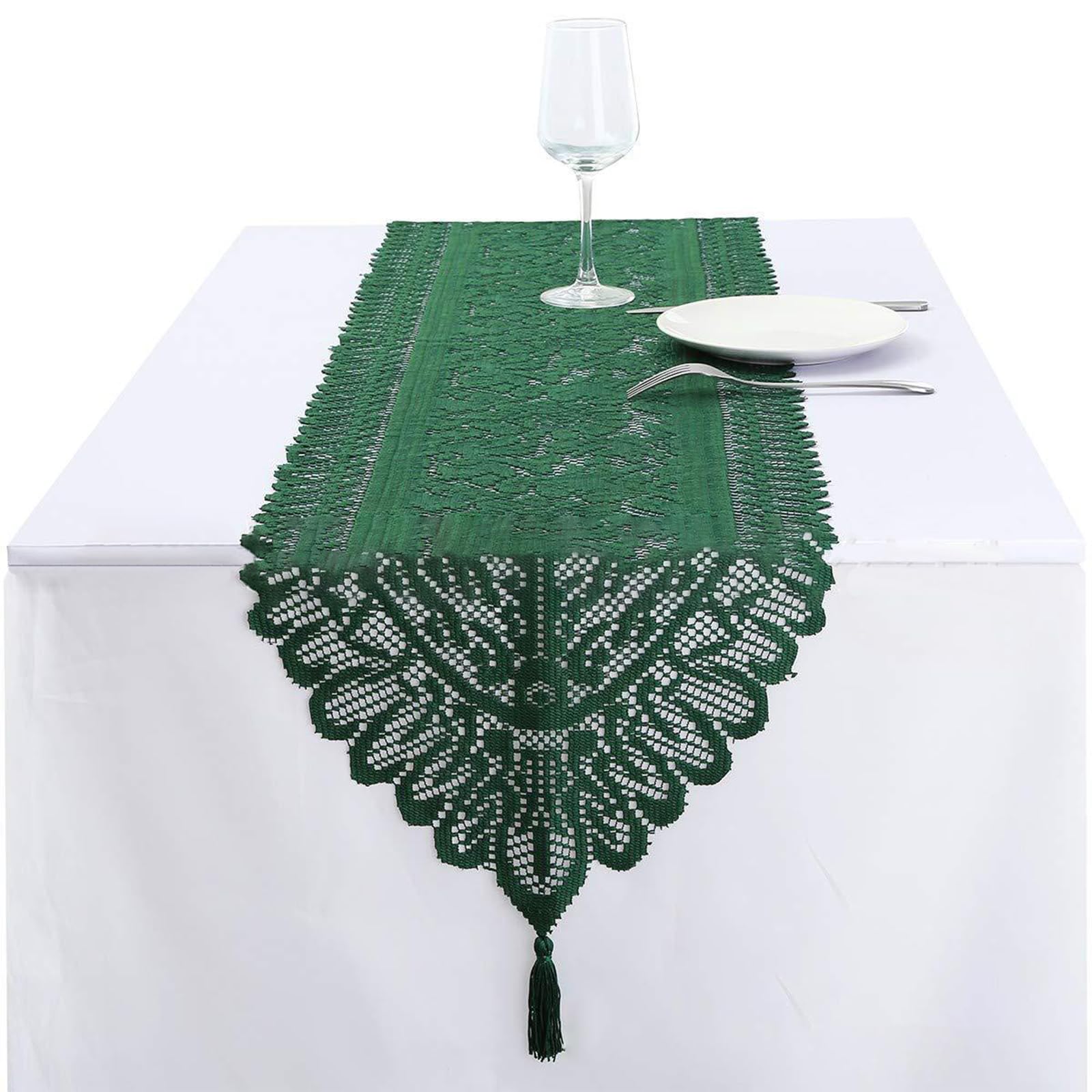 Jarsense Green Hollow Lace Table Runner Rustic Bohemian Style Mesh Tablecloth with Fringe for Home Wedding Party Reception Decoration(33x150cm)