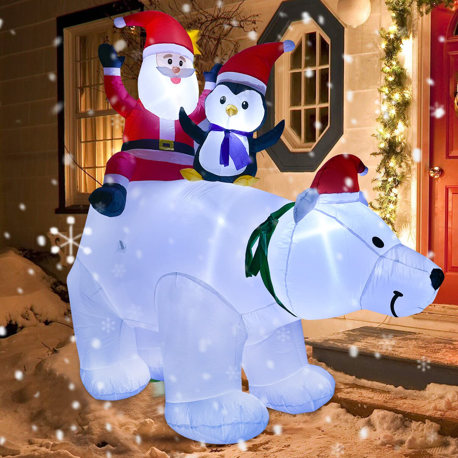 Oso polar de muñeco de nieve inflable iluminado de 8 pies, muñeco de nieve soplado con sombrero y luces LED multicolor integradas para decoración de fiestas de Navidad, patio o jardín