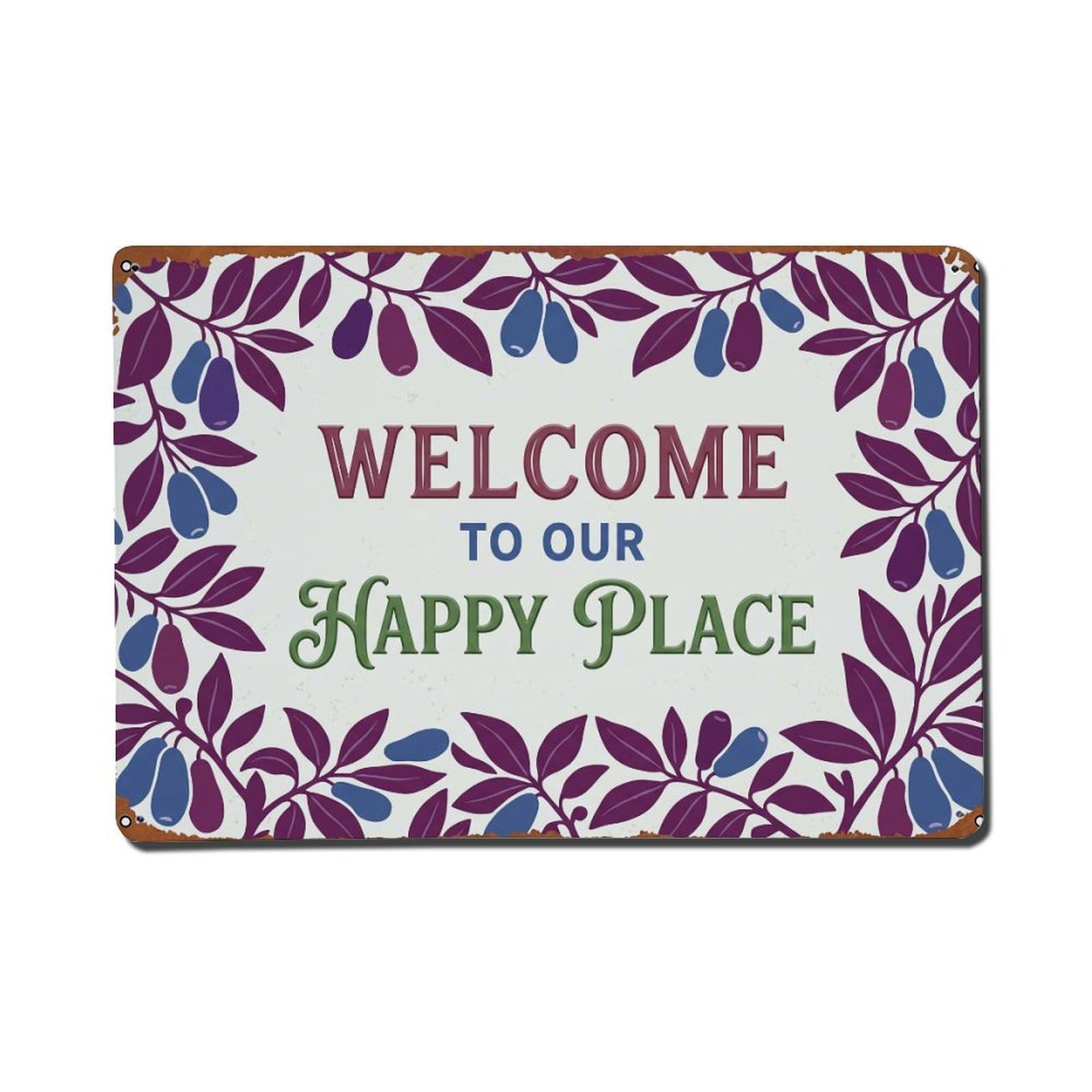 Welcome To Our Happy Place Honeyberry Garden Metal Tin Sign Plaque Wall Decor for Cafe, Club Bar, Office, Home Garden Metal Poster 8x12Inch