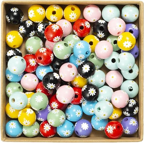 Decoendiy - 50 cuentas de madera de margarita 0630in flores coloridas pintadas de madera natural cuentas espaciadoras sueltas para manualidades y