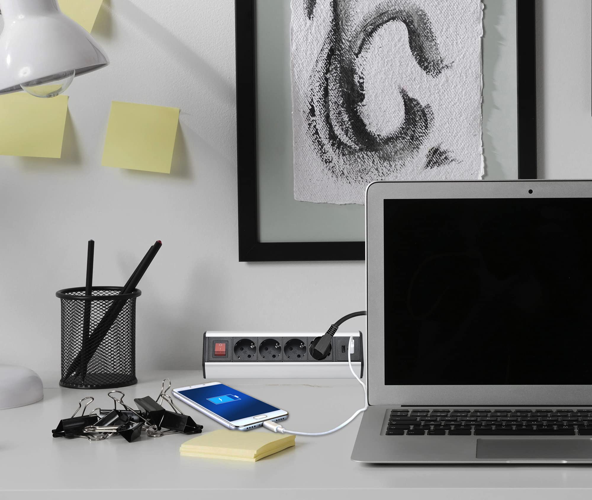 Mehrfach-Steckdose 4-fach & 2x USB mit 2M Kabel - Möbel- Steckdosenleiste schaltbar als Tischsteckdose und Steckdosenverteiler - Steckerleiste für Küche & Büro mit einfacher Montage Schreibtisch