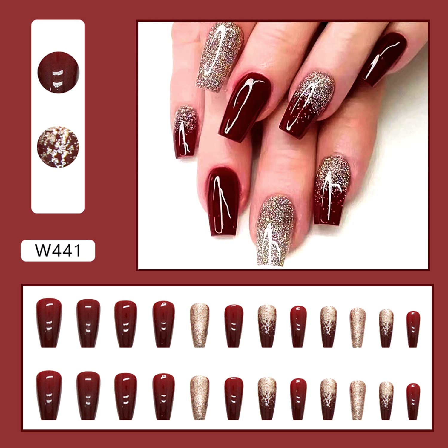 24Pcs Red Press on Nails Medium Coffin Gold Powder Sparkly Designs Fake Nails Reusable Full Cover Stick on Nails Set Square and Acrylic Glue on Nails for Women Artificial Nails Decoration Accessories