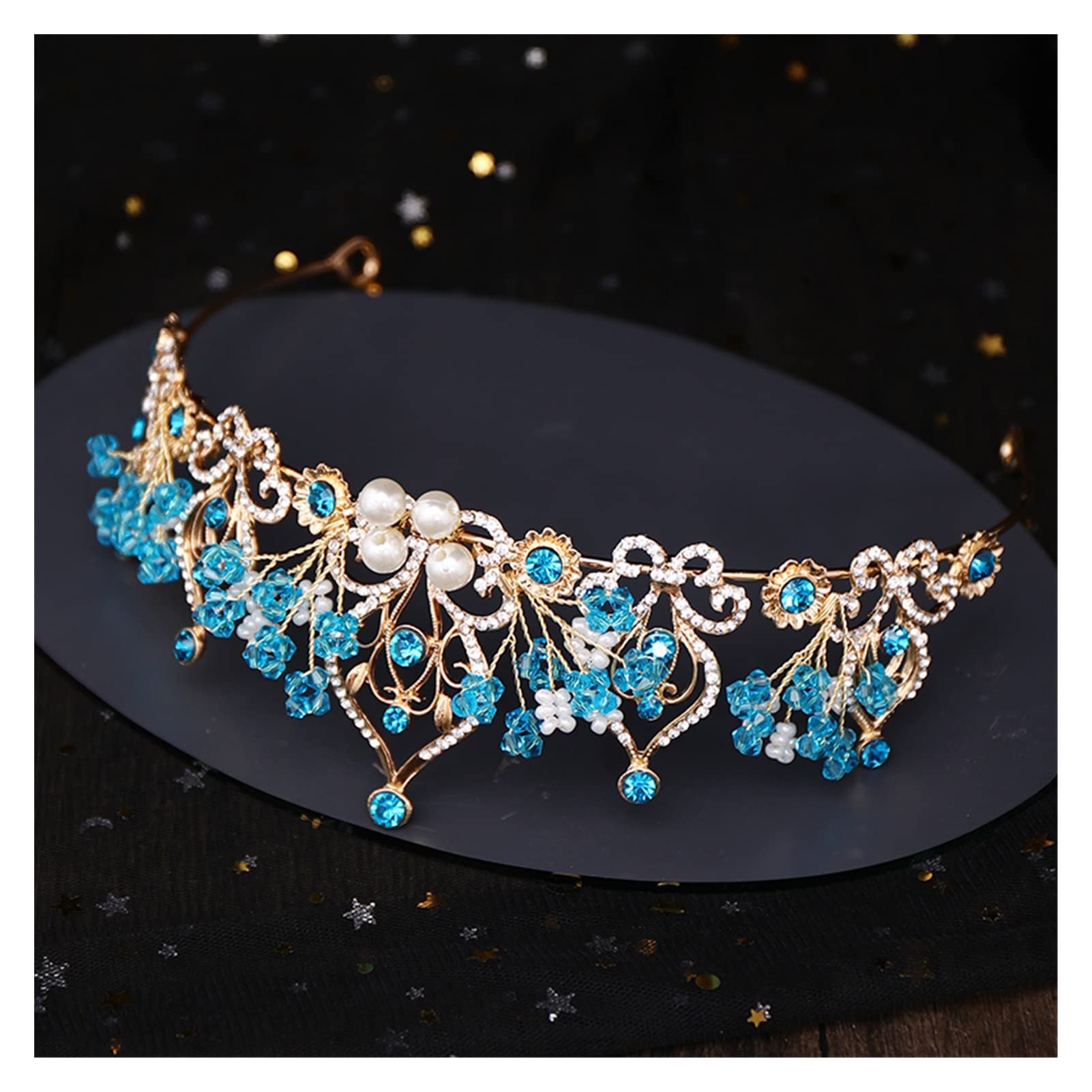 Blume Perle Blau Kristall Tiara Trendige Prinzessin Krone Braut Diadem Hochzeit Krone Diademe Haarschmuck Hochzeit Haarschmuck Tiara (Metal Color : A Blue)