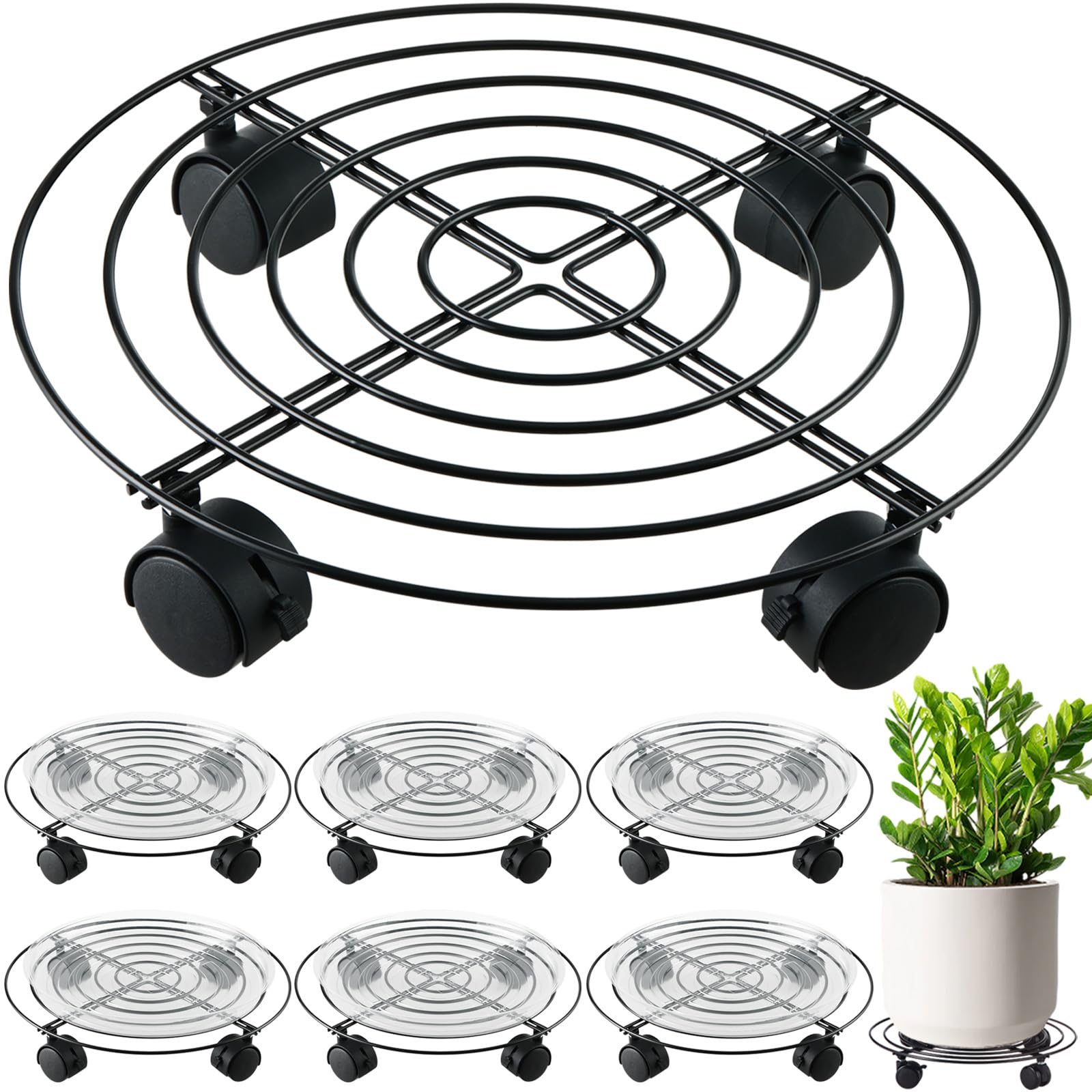 Photo 1 of 6 Packs 15.8 Inches Metal Plant Caddy with Wheels Extra-large Rolling Plant Stands Heavy-duty Wrought Iron Plant Roller Base Pot Movers Indoor Outdoor Plant Dolly with Casters Planter Tray Coaster