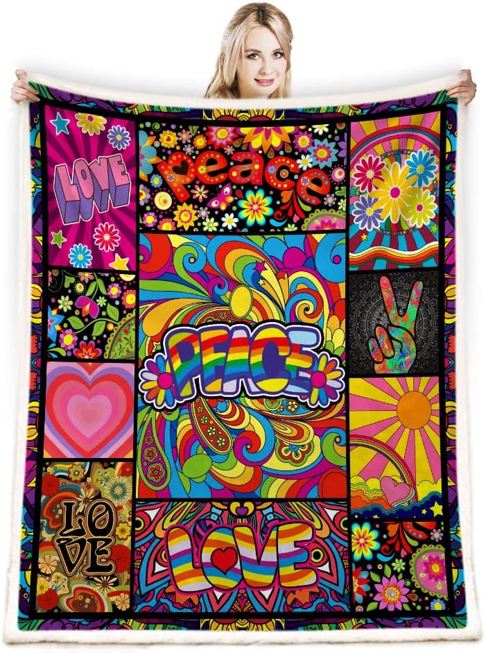 Juirnost Gift For Hippie Style Peace Love Flower Hippie Throw Blankets 70s Peace