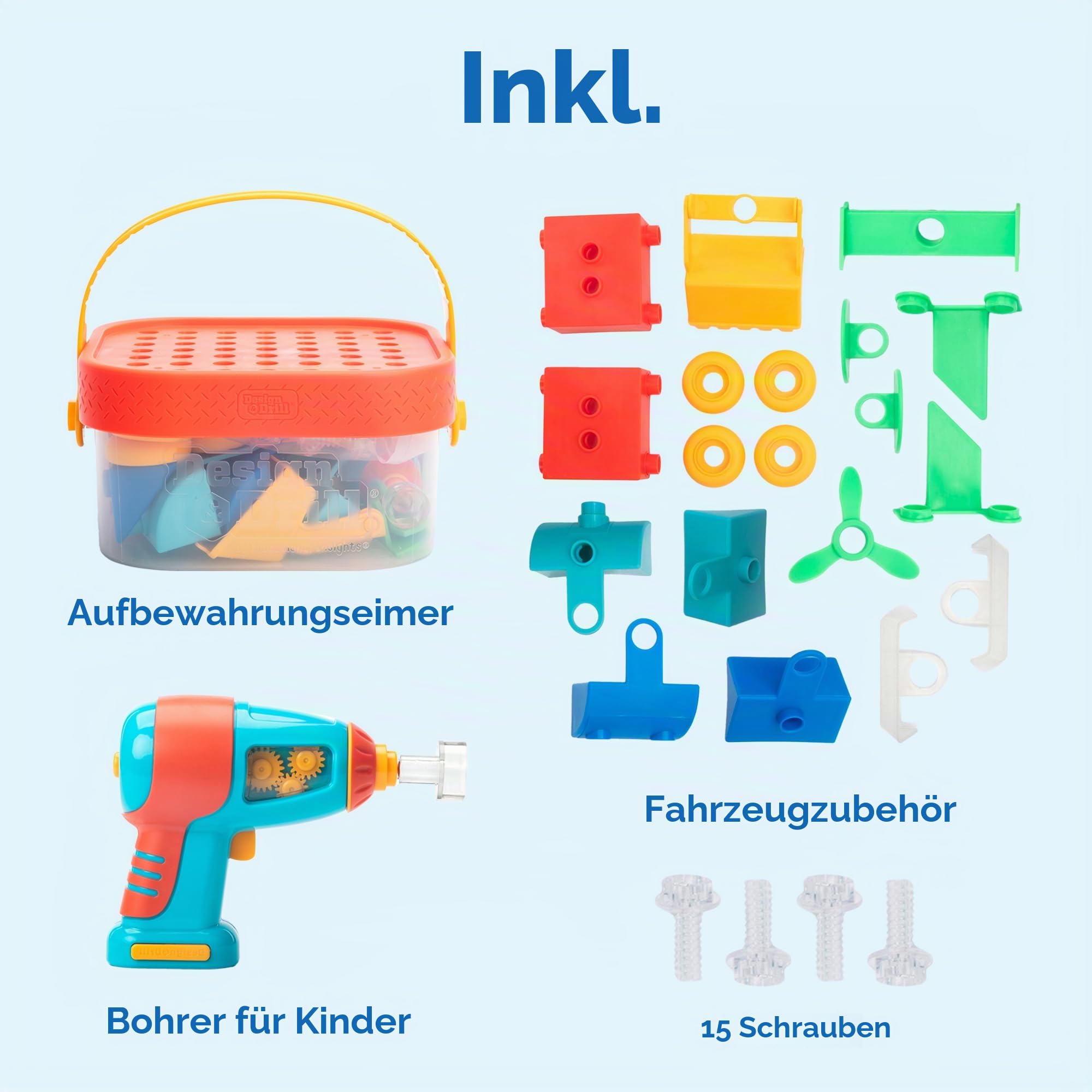 Learning Resources Design & Drill Baueimer, Mint-Spielzeug, 41-teilig, mit elektrischem Spielzeugbohrer, Urlaubsspielzeug für Jungen und Mädchen, ab 3 Jahren