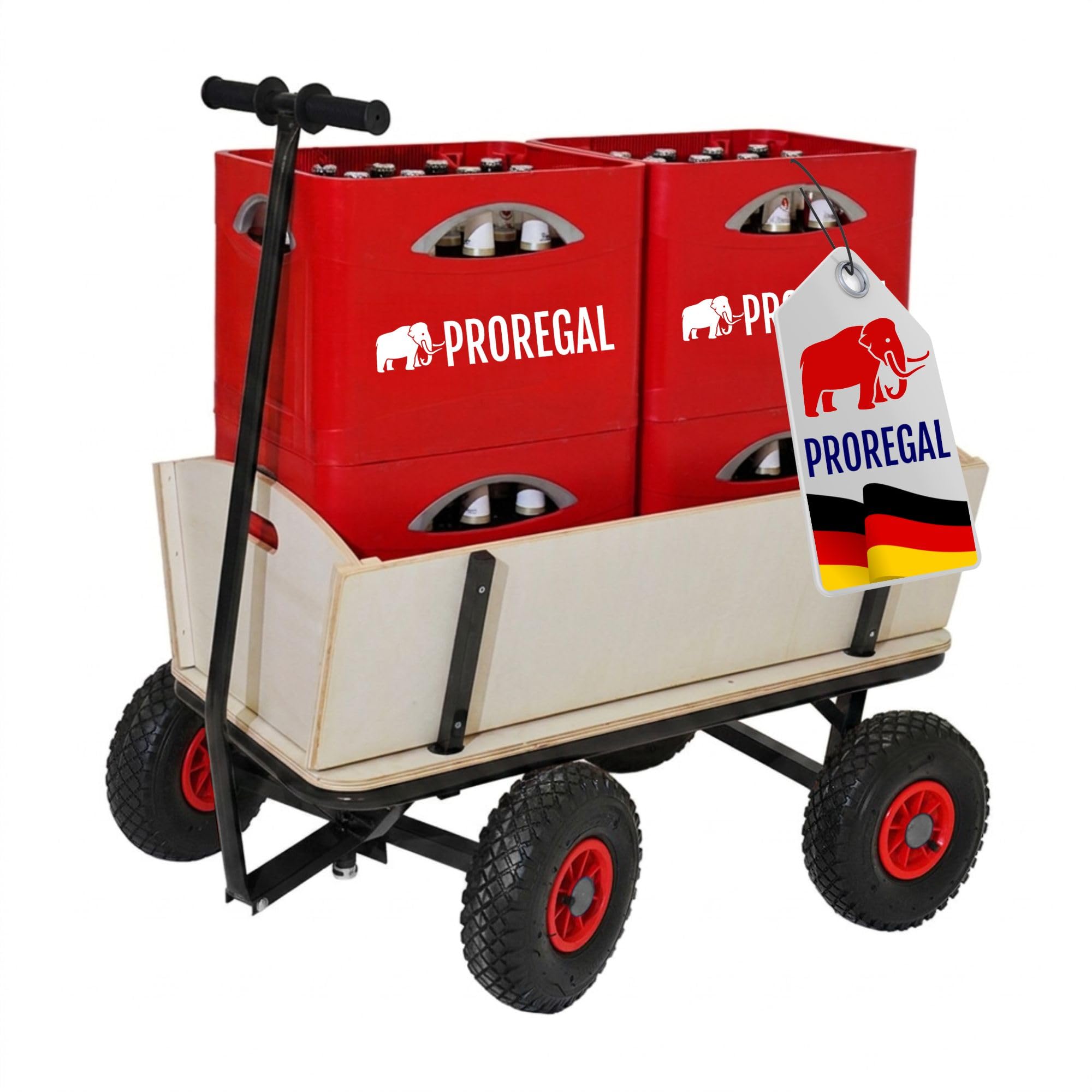 PROREGAL Profi Bollerwagen Bolly Holz Luftreifen HxBxT 97x90x60cm, Traglast 150kg, Luftbereifung, Schwarz, Handwagen Holzbollerwagen Transportwagen