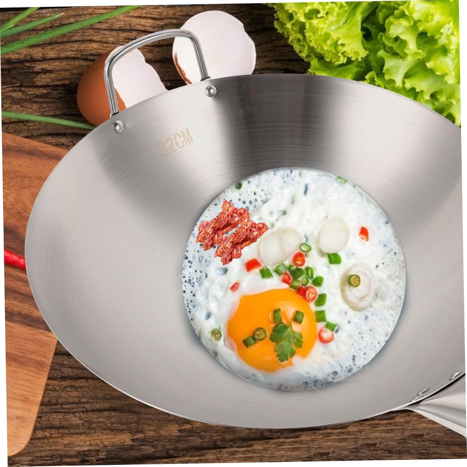 VOSAREA Ergonomic Handle Frying Pan Stainless Steel Wok Safe for Daily Cooking
