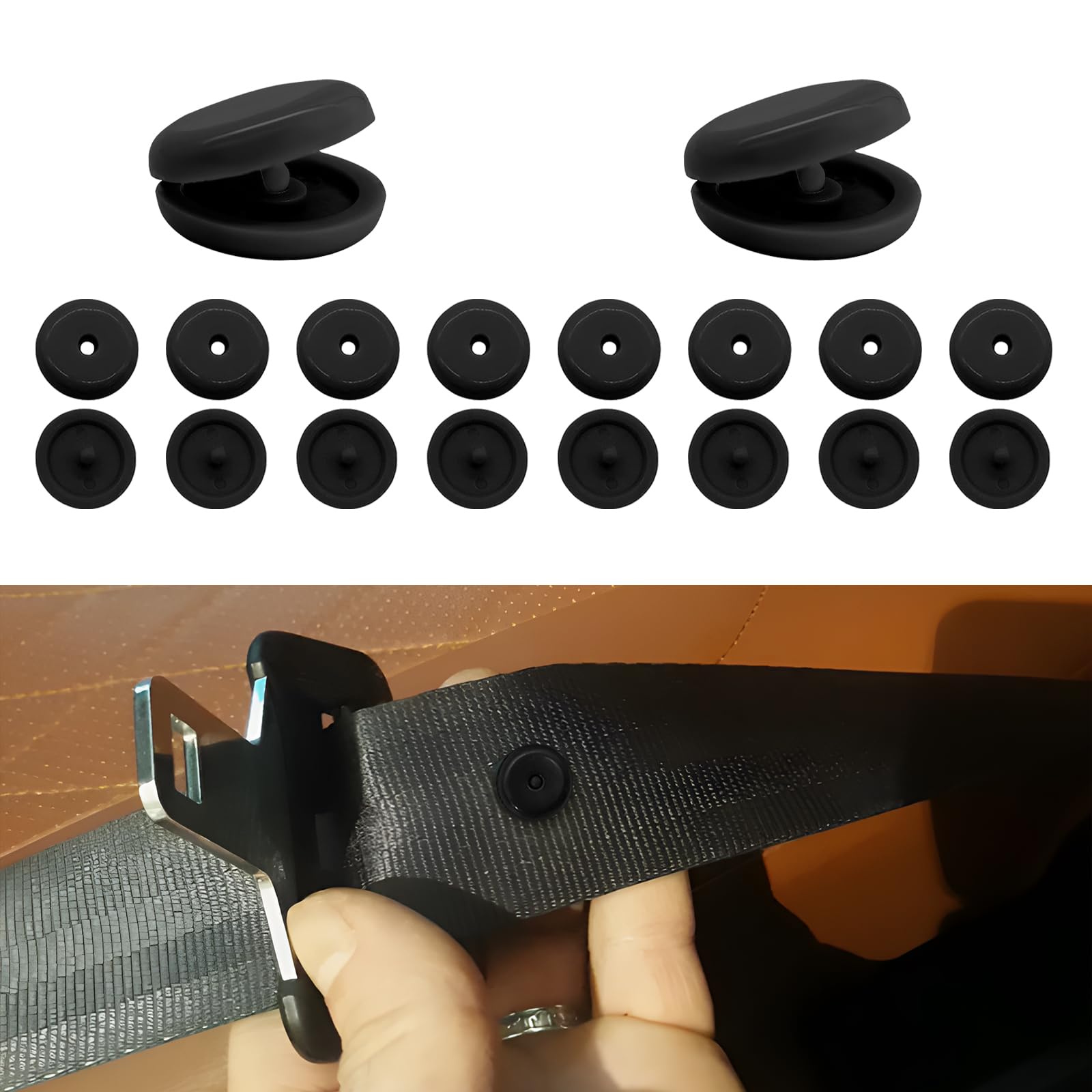 Rdxcv 10 Sets Seat Belt Button Stop, Snap-on Safety Belt Stopper Button Prevent Buckle from Sliding Down, No Welding Required Plastic Seatbelt Stopper Kit for Cars Trucks SUVs (Black)