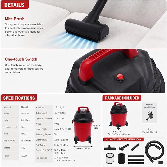 3 in 1 Wet Dry Vacuum Cleaner, 4 Gallon Wet Dry Vac, Shop Vacuum Wet and Dry with Large Capacity Dust Bin, Powerful Suction Home Cleaning for Cleaning Car, Boat, Pet Hair, Hard Floor